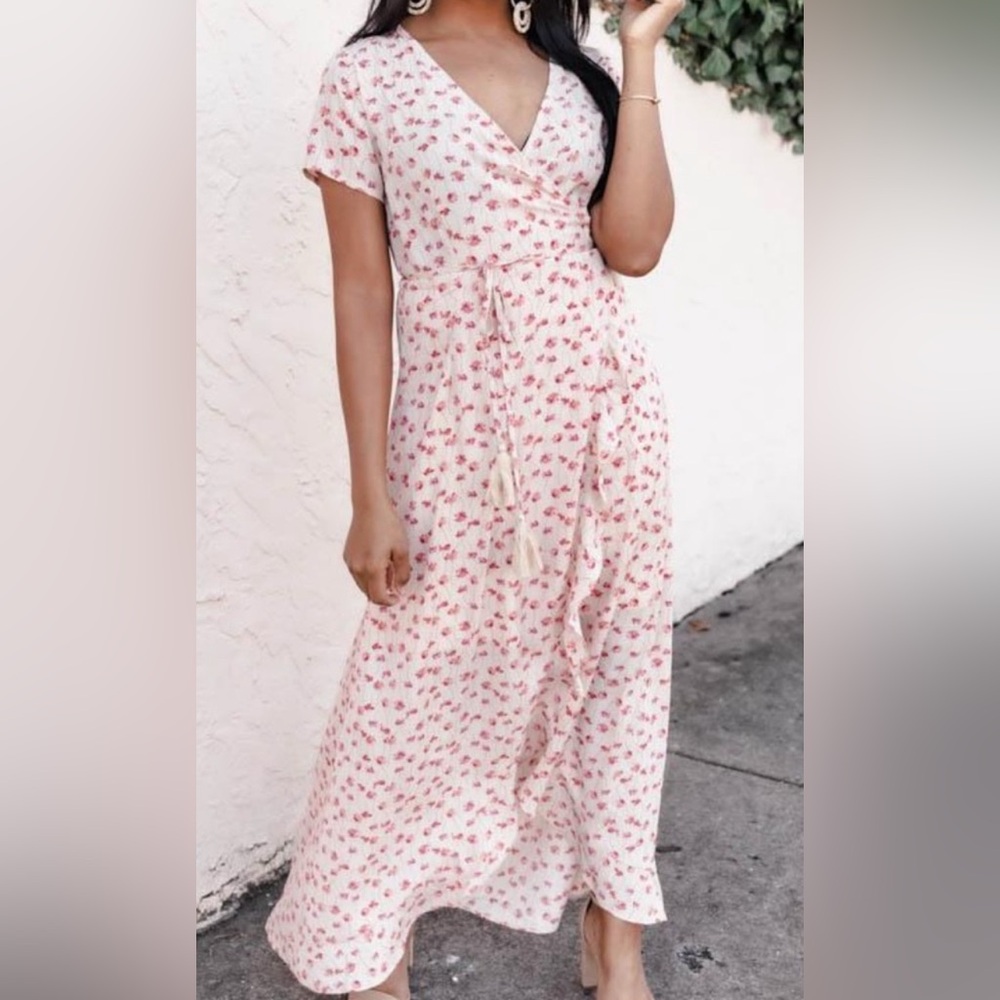 Pink Lily Tan Maxi Dress with Flutter Sleeves and V-Neck